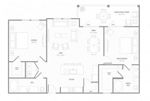 Floor plan for 2 beds, 2 baths, 1315 sqft